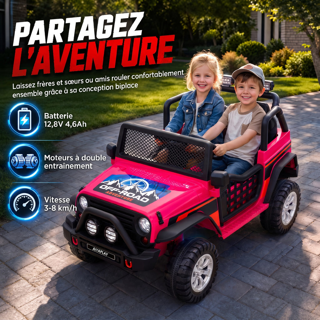 Voiture électrique enfant 2 places 12,8 V, 2 moteurs, batterie lithium, télécommande parentale, Rose-3