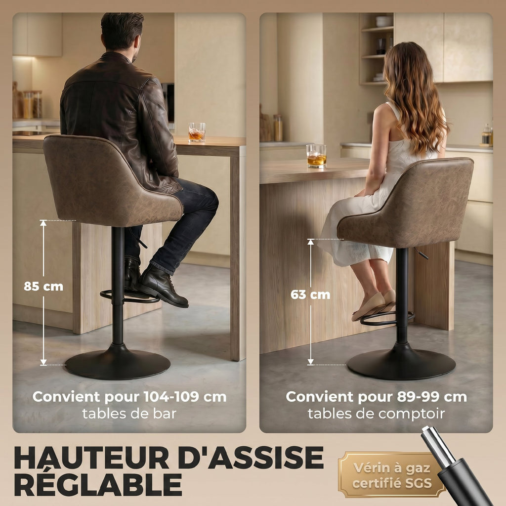 Lot de 2 Tabourets de Bar, Tabourets Hauts Cuisine avec Siège Pivotant et Hauteur Réglable, Marron Foncé-4