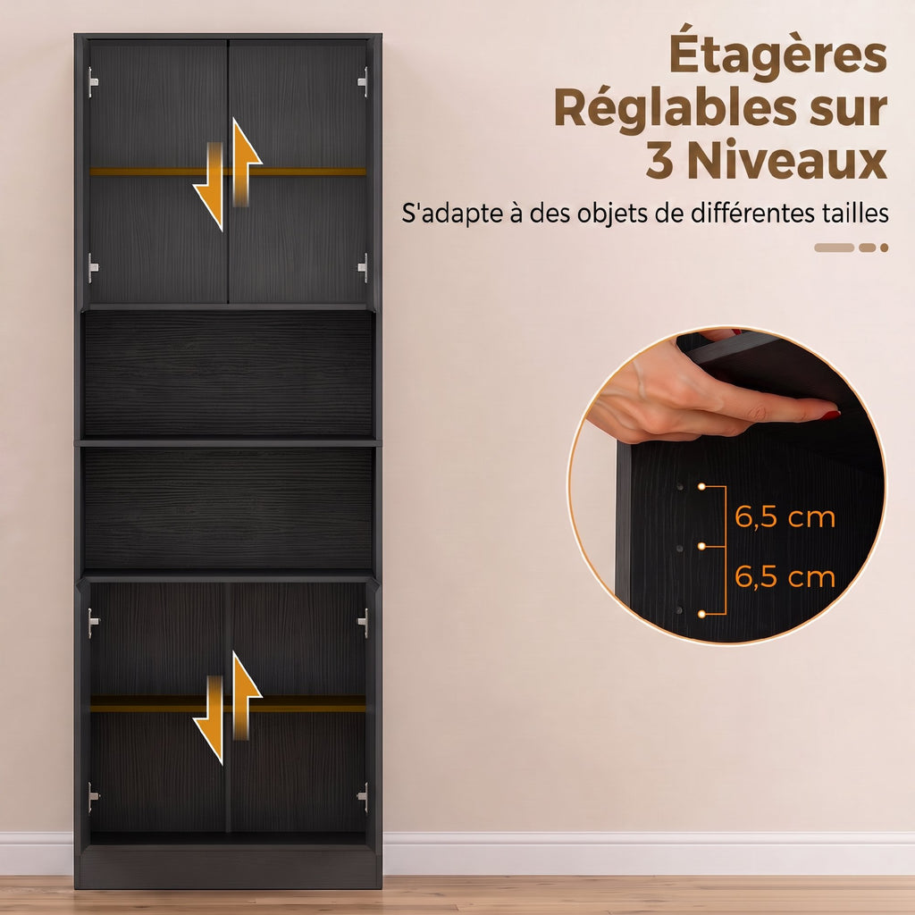 Buffet Haut Cuisine, Armoire de Cuisine, 4 Portes à Fermeture Douce, 2 Compartiments Ouverts et Étagères Réglables, Noir-5