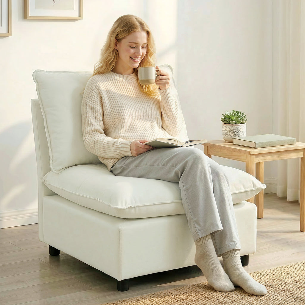 Fauteuil de salon, canapé 1 place moderne sans accoudoirs avec assise large, coussins épais, 146x85x78cm, crème-9