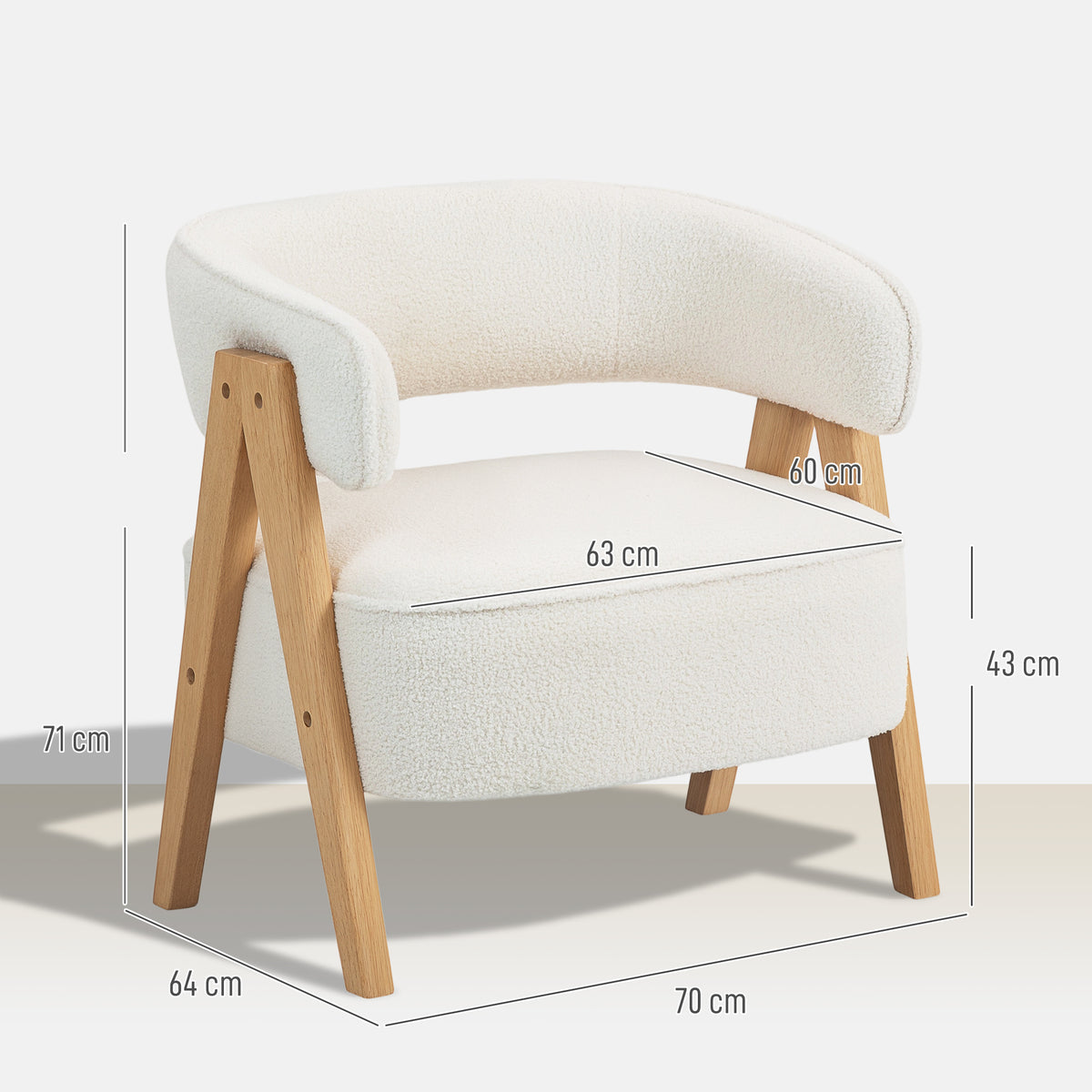 Fauteuil de salon en tissu bouclette, chaise rembourrée, assise large, dossier ergonomique, 70 x 64 x 71 cm, blanc-2