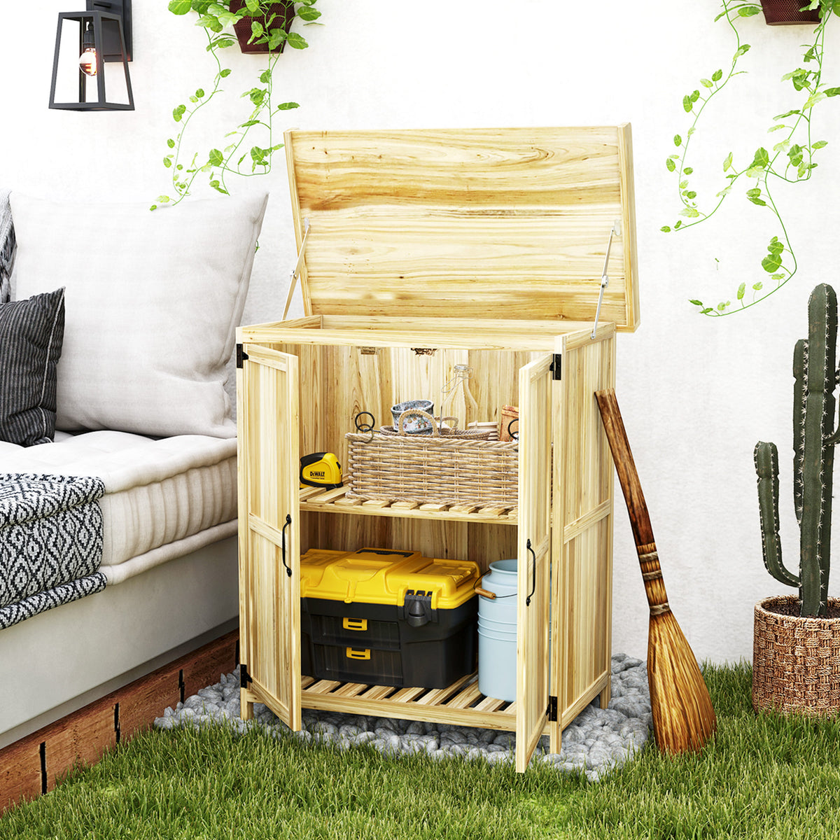 Armoire de jardin en bois abri de jardin avec 2 portes, toit à charnières et étagère, 74 x 43 x 88 cm, bois naturel-9