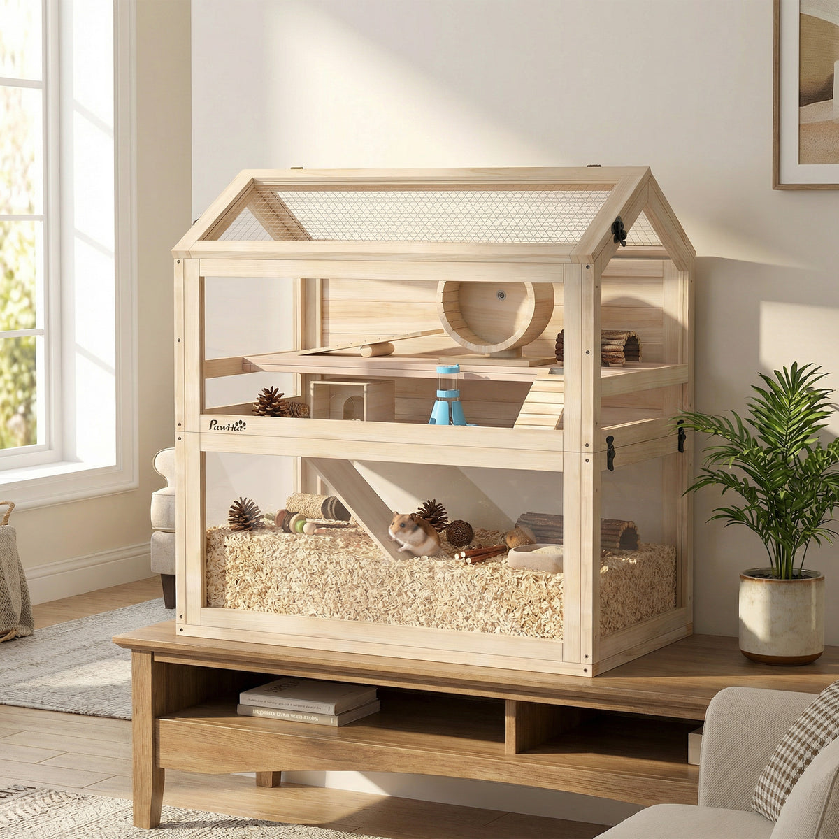 Cage Hamster Habitats pour Rongeur 3 Étages Bac Étanche Panneaux Acryliques à Vue 360° Accessoires 76x45,5x77cm Bois-1
