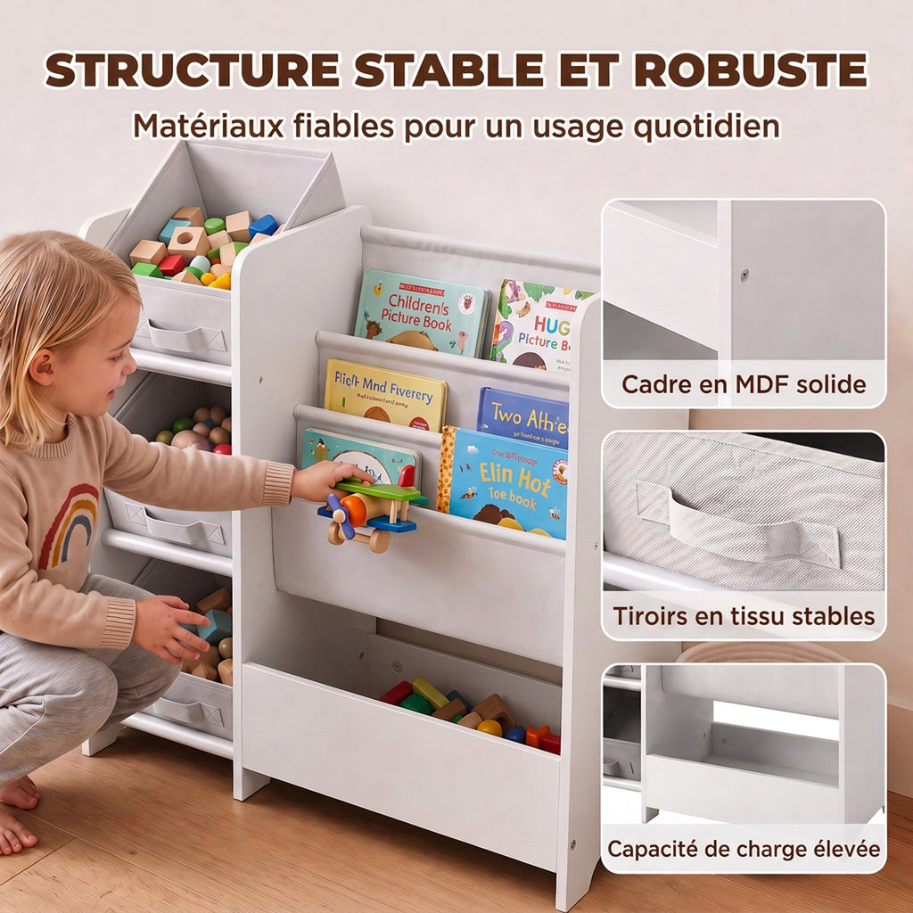 Meuble Rangement Enfant à 3 Niveaux avec 4 Porte-livres, 3 Bacs en Tissu et Compartiment, 64,5 x 30 x 66 cm, Blanc-6