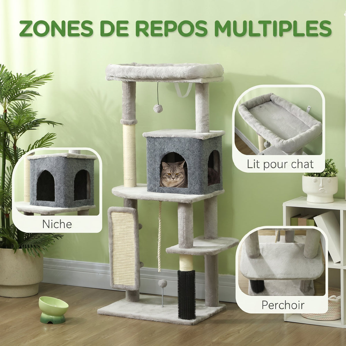 Arbre à Chat Tour de Jeux pour Chats Centre d'Activités avec Poteaux à Griffer en Sisal Niche Hauteur 132 cm Gris-3