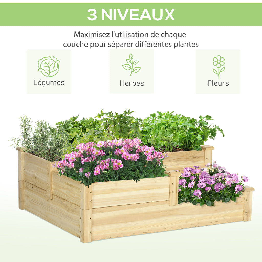 Carré potager en bois jardinière extérieure en escalier 3 niveaux design sans fond 108 x 88 x 36 cm bois naturel-3