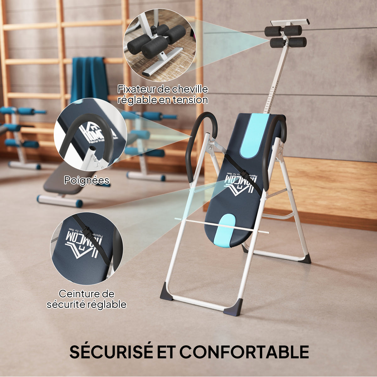Table d'inversion de musculation pliable ceinture de sécurité réglable acier coloris argent noir-3