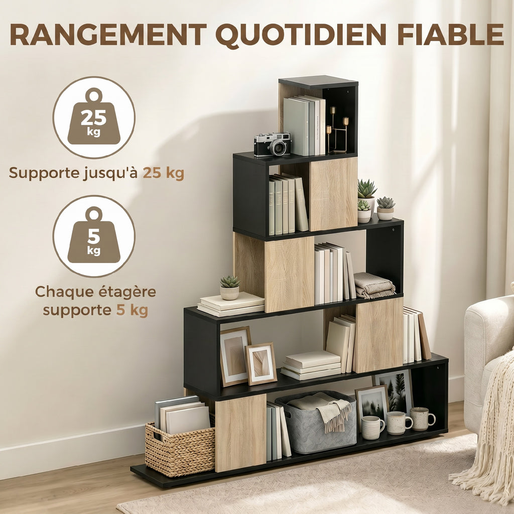 Étagère de rangement, bibliothèque géométrique à 5 niveaux, pour bureau, salon, chambre, noir et bois naturel-5