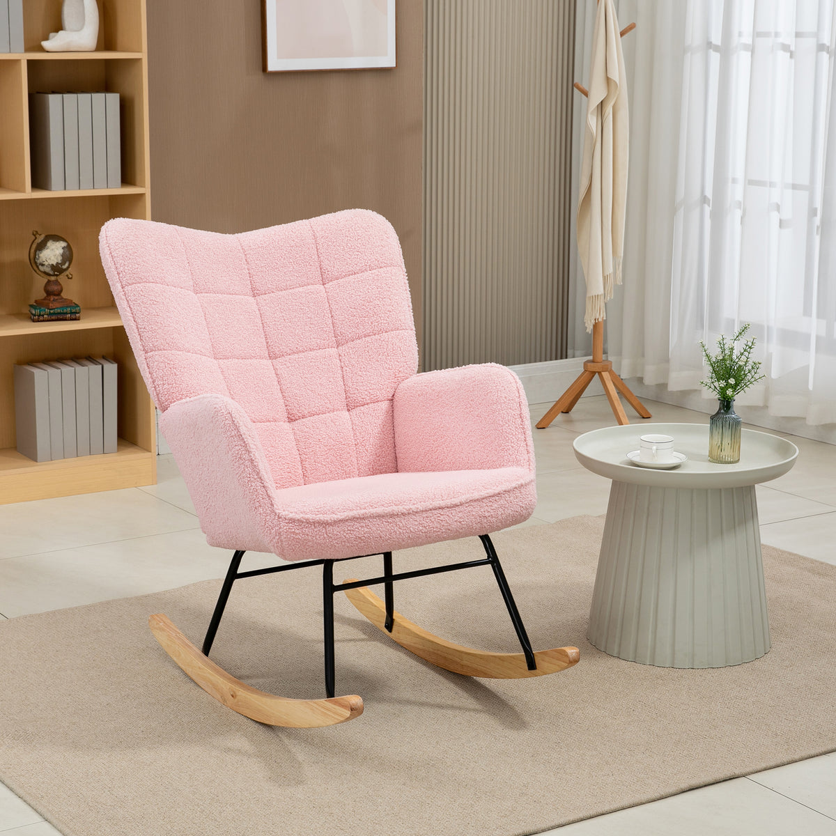 Fauteuil à bascule rocking chair revêtement bouclette structure en acier 71 x 98 x 101 cm rose-9