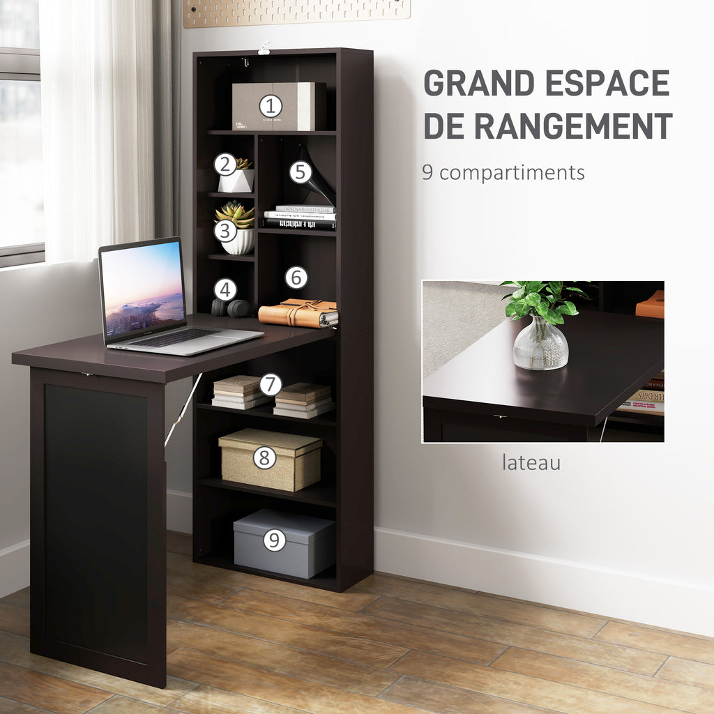 Bureau avec rangement pliable murale rabattable avec bibliothèque poste de travail tableau à craie et étagère réglable-4