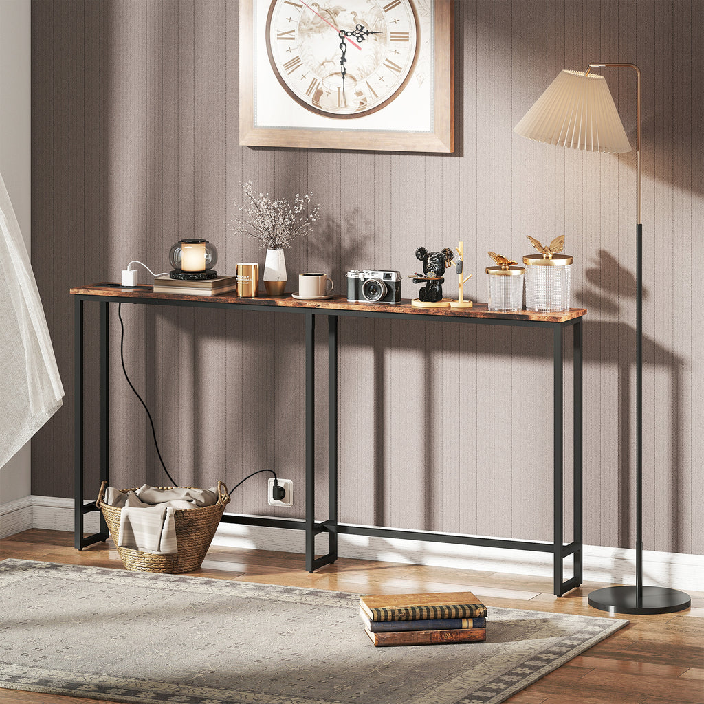 Table console étroite style industriel avec prises de courant et USB, pour salon entrée couloir, 160x20x80cm, marron-9