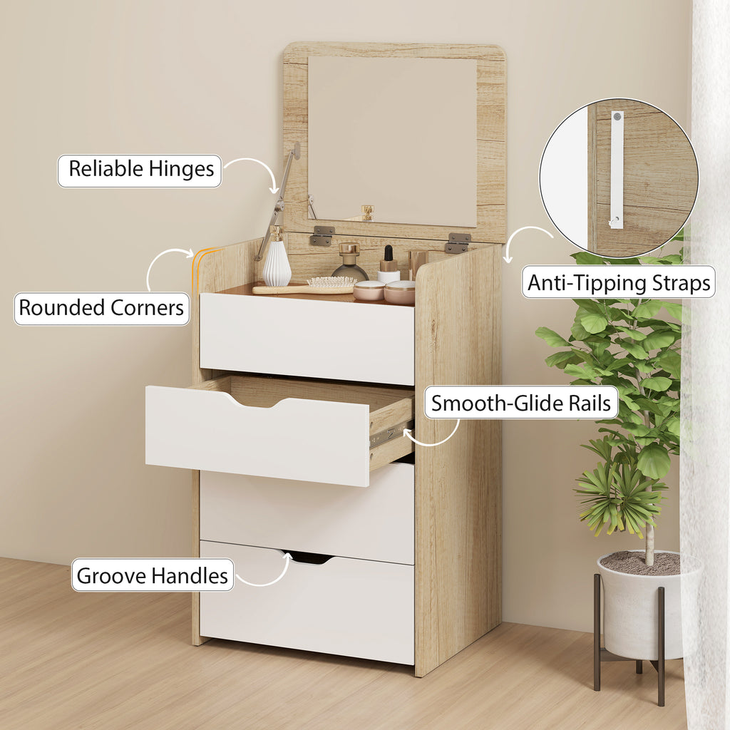 Coiffeuse avec miroir rabattable et tabouret de rangement, table de maquillage, 2 tiroirs, siège rembourré, chêne blanc-7