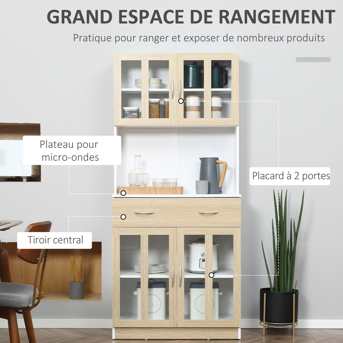 Buffet haut de Cuisine Armoire de Cuisine Multi-Rangement 4 Portes vitrine Verre avec étagère tiroir Coulissant Grand Plateau en Bois Blanc Aspect chêne Clair-3
