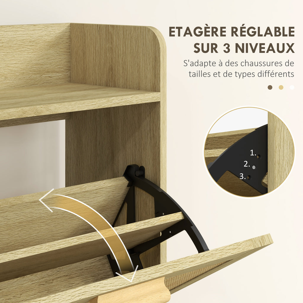 Meuble à chaussures 2 portes abattants étagère effet rotin tissé design bohème - dim. 80L x 24,5l x 110H cm-4