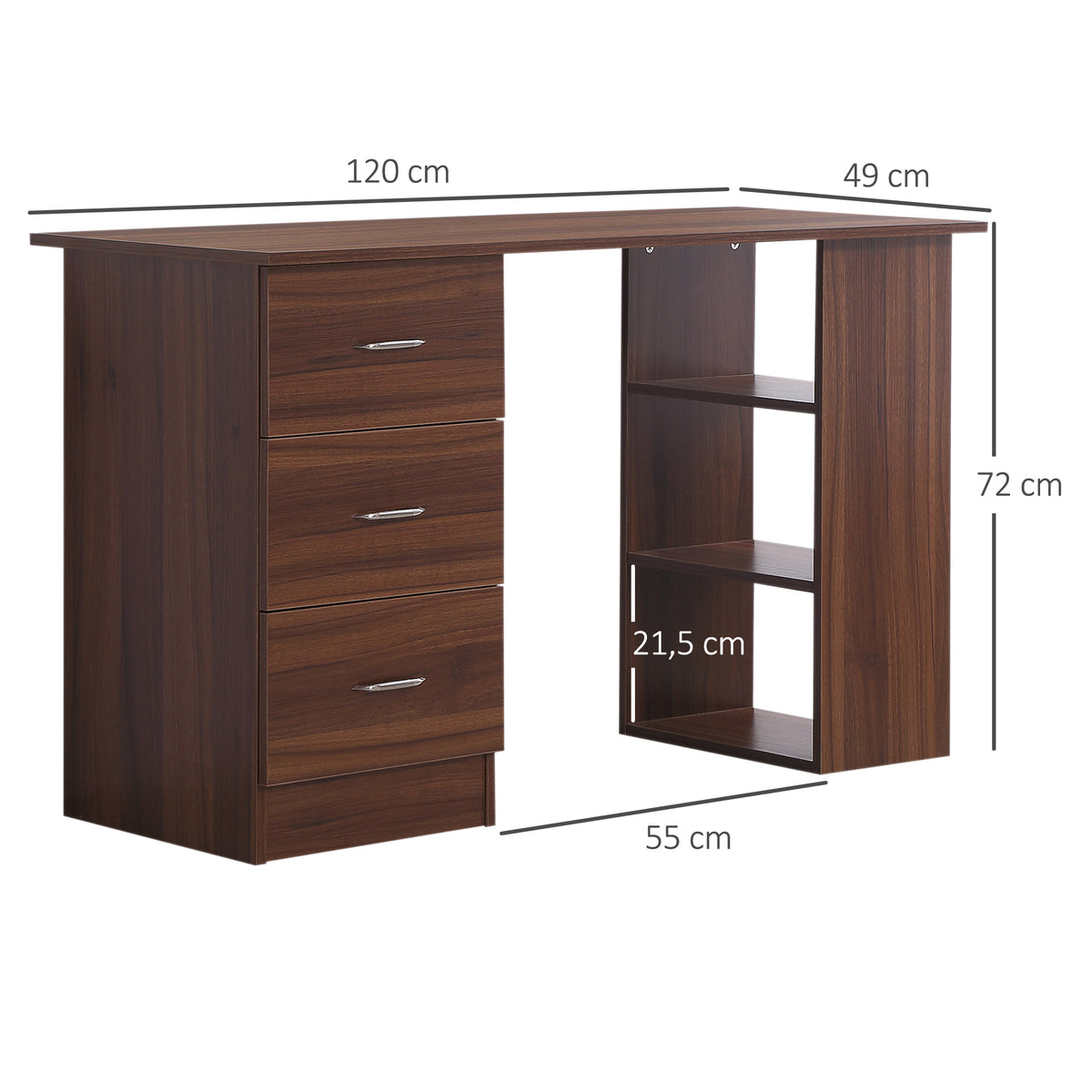 Bureau d'ordinateur avec 3 tiroirs et 3 étagères ouvertes, 120x49x72cm, bureau avec rangement réversible, style moderne, table informatique pour chambre, petit espace, télétravail, noyer-2