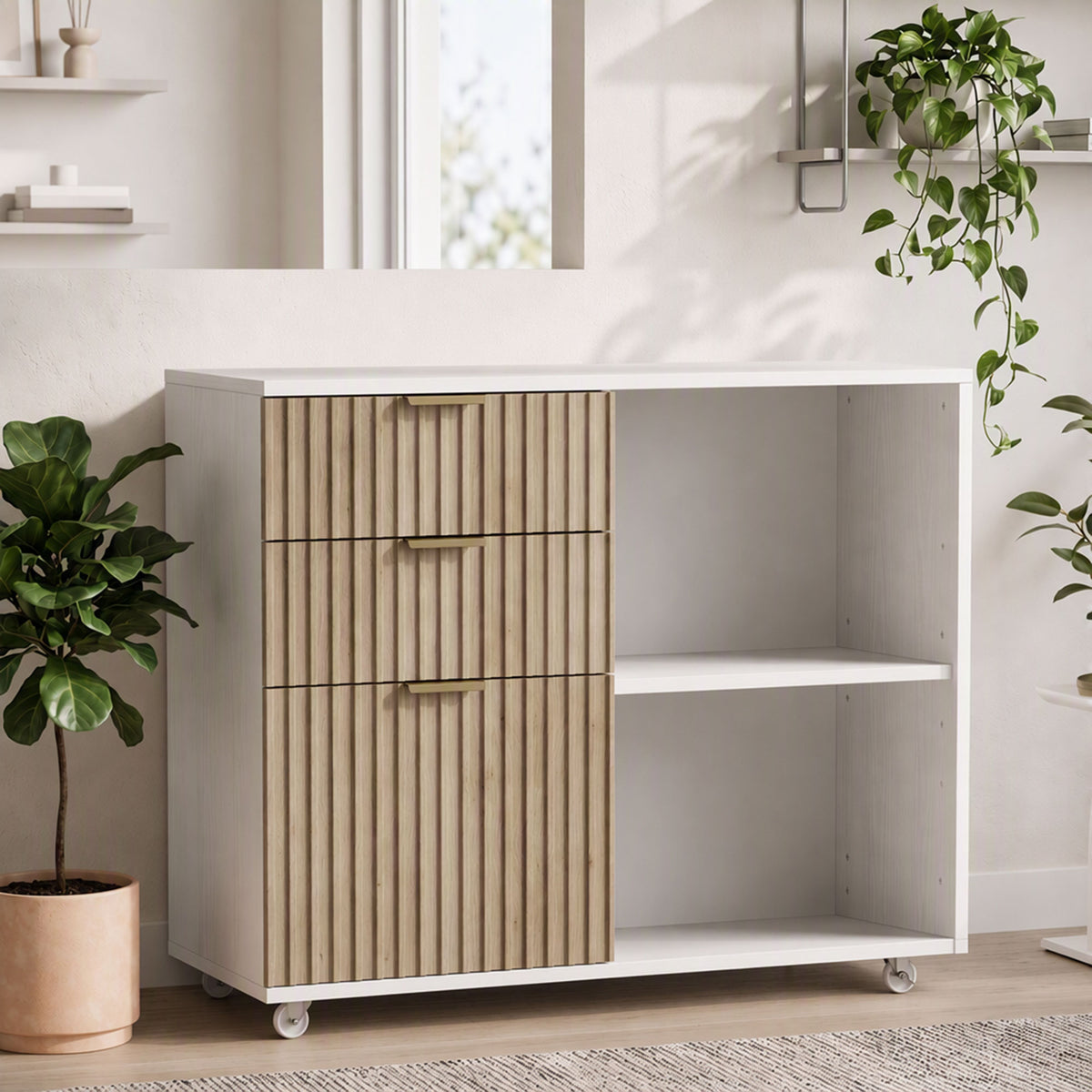 Support d'Imprimante sur Roulettes, 3 Tiroirs, 2 Étagères Ouvertes, Design Ondulé, 80x40x68cm, Blanc Chêne-1