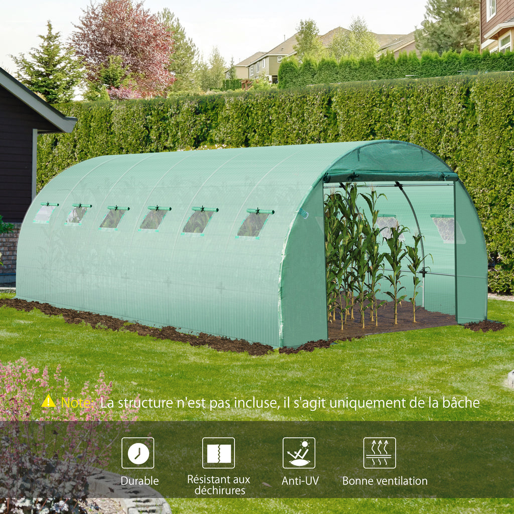 Bâche de Rechange Serre Tunnel 18 m², bâche 6 x 3 x 2 m PE Anti-UV imperméable 12 fenêtres + Porte Enroulable zippée vert-3