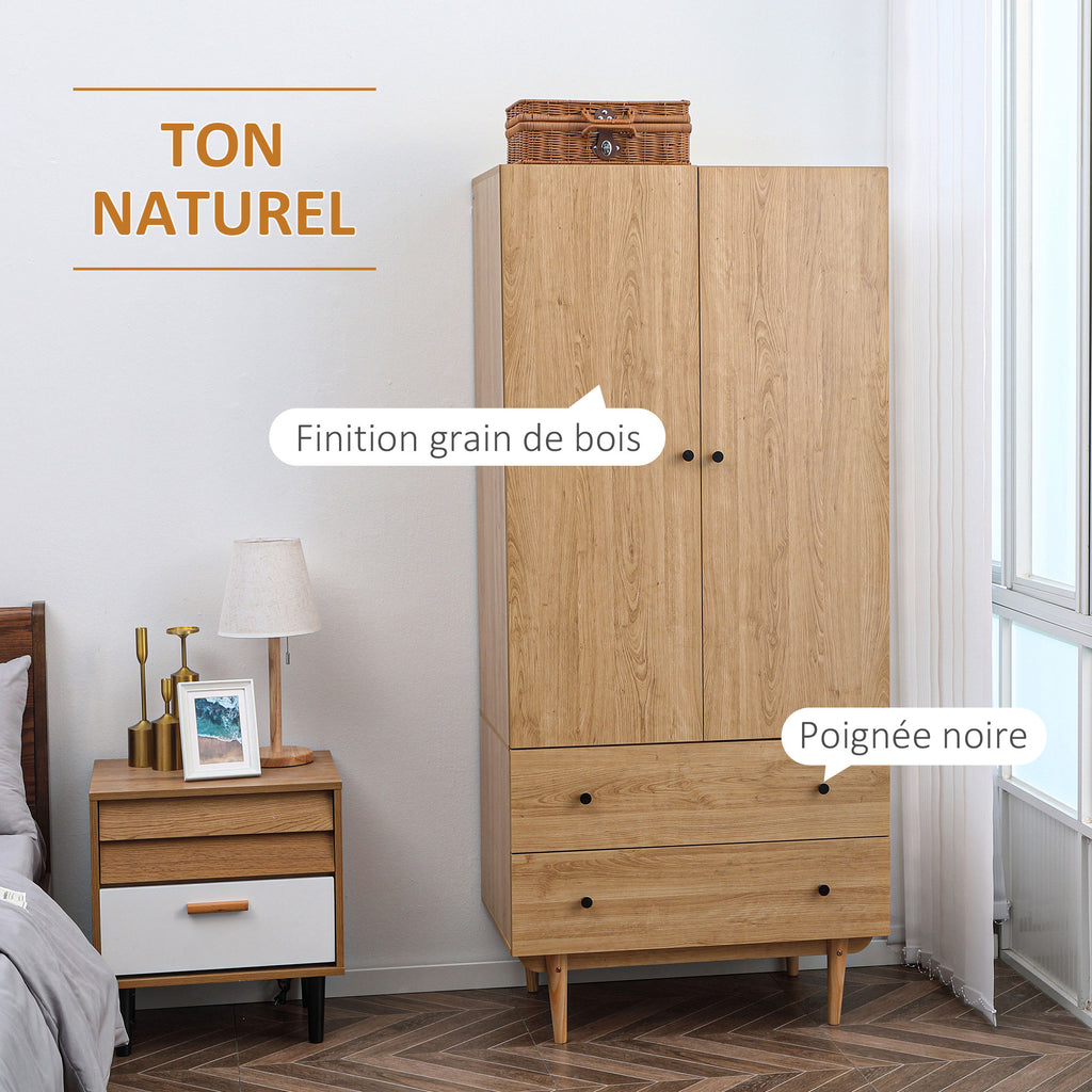 Armoire à vêtements armoire de rangement penderie avec 2 portes, 2 tiroirs et tringle - 80 x 52 x 180 cm - aspect bois-3