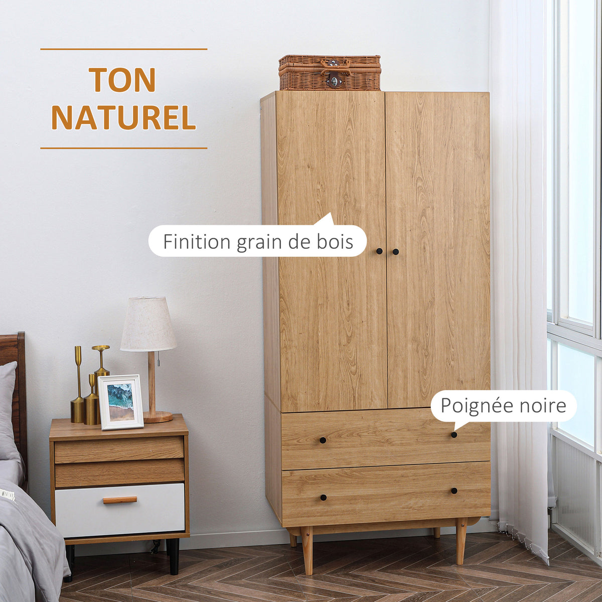 Armoire à vêtements armoire de rangement penderie avec 2 portes, 2 tiroirs et tringle - 80 x 52 x 180 cm - aspect bois-3