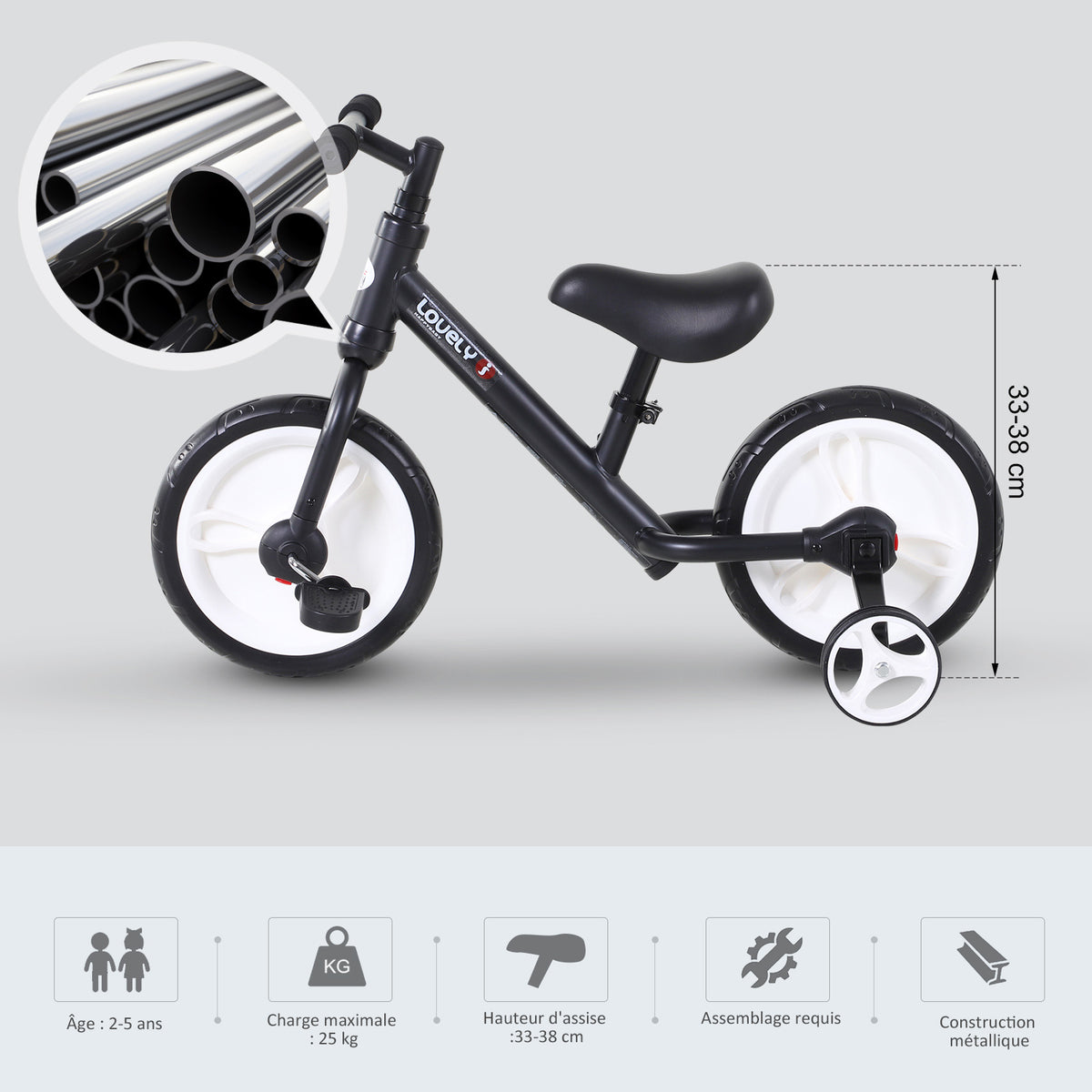 Vélo Enfant draisienne 2 en 1 roulettes et pédales Amovibles Roues 12" Hauteur Selle réglable pour enfants de 2 à 5 ans Acier Noir-4