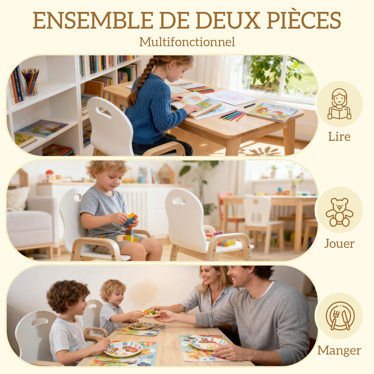 Lot de 2 chaises pour enfants réglables en hauteur fauteuil enfants en bois massif avec accoudoirs 39x34x61,5cm blanc-4