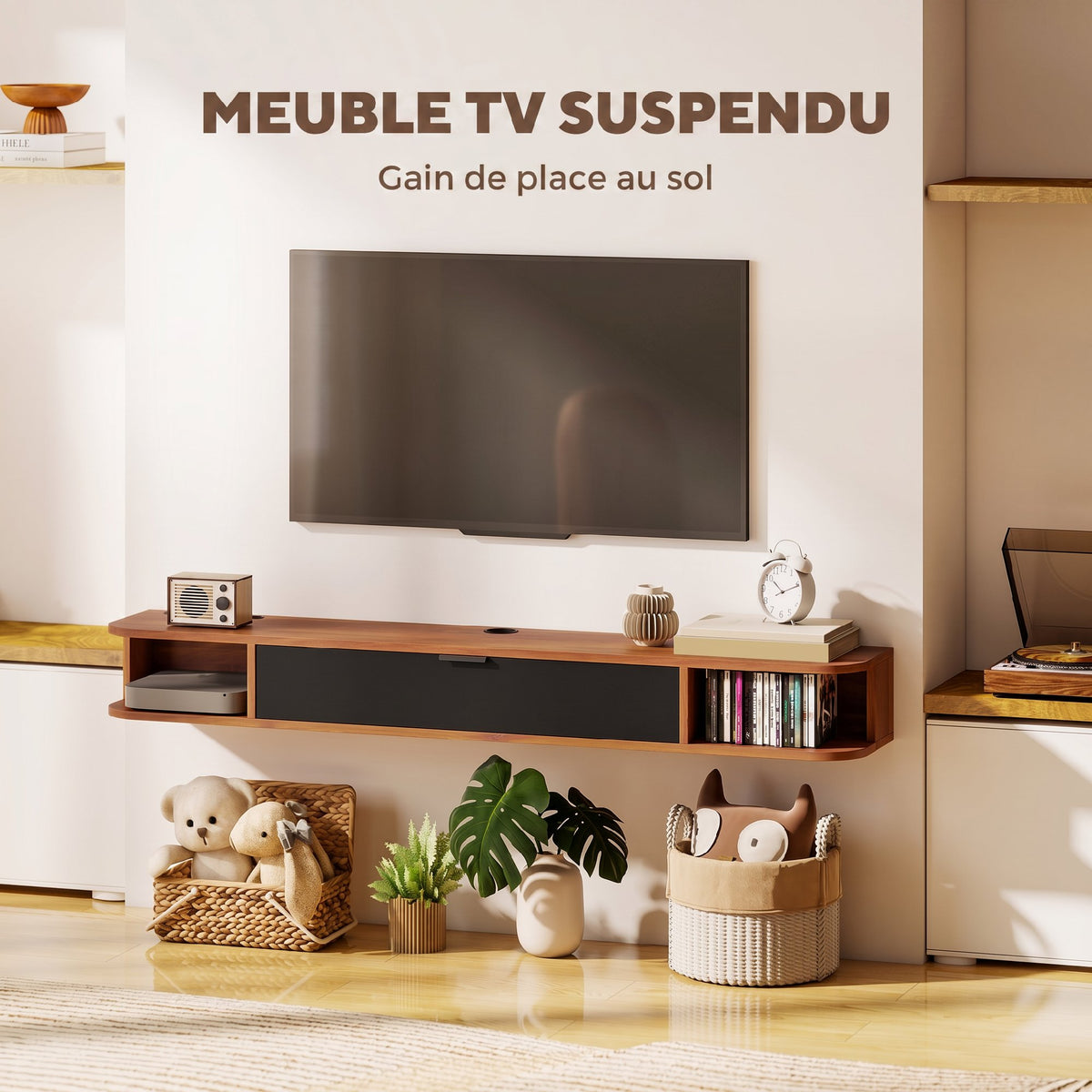 Meuble TV Suspendu, Meuble Télé pour Téléviseur jusqu'à 60 Pouces, Tiroir Rabattable, 2 Étagères, 140x24x16cm, Noyer-3