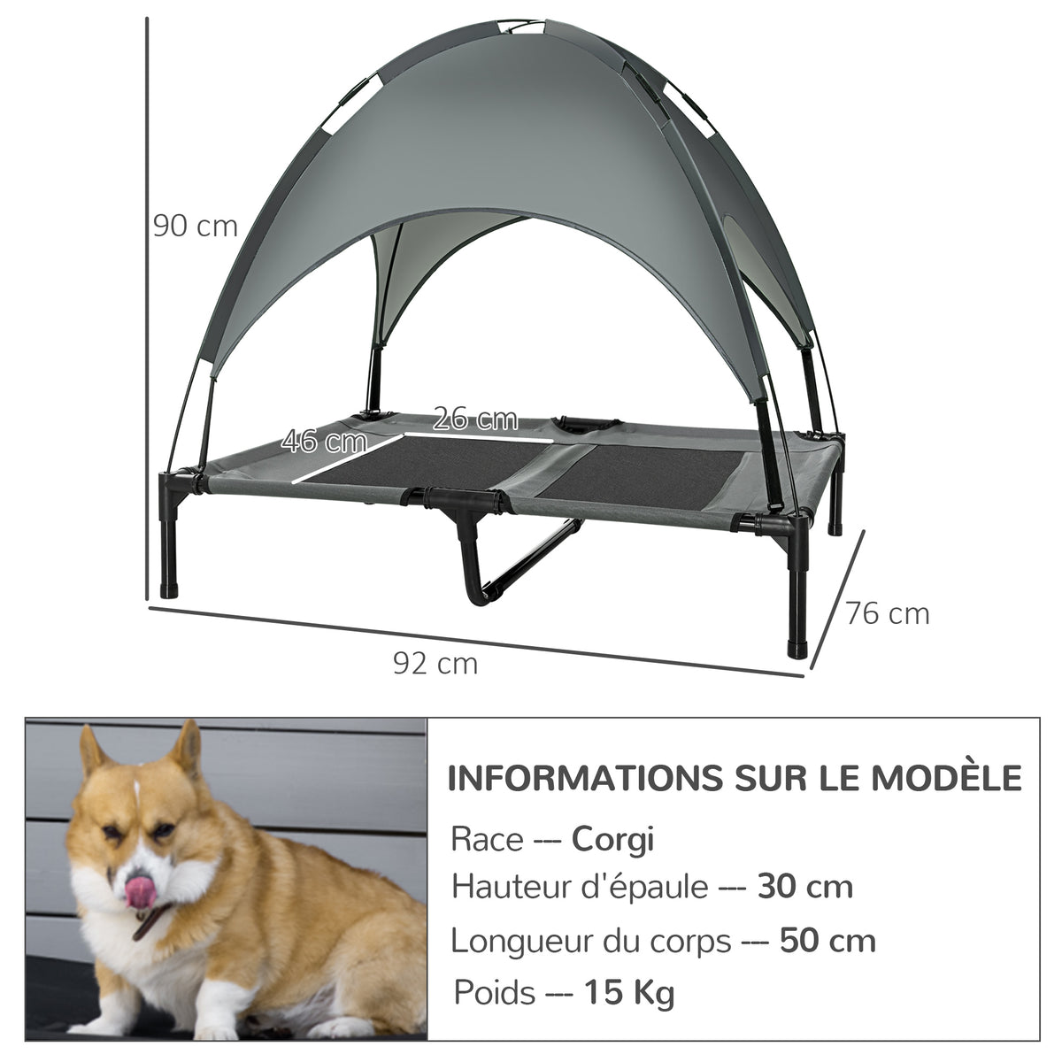 Lit pour chien chat sur pieds grand confort velum anti-UV tissu oxford micro-perforé + parasol + sac de transport inclus dim. 92L x 76l x 90H cm gris noir-2