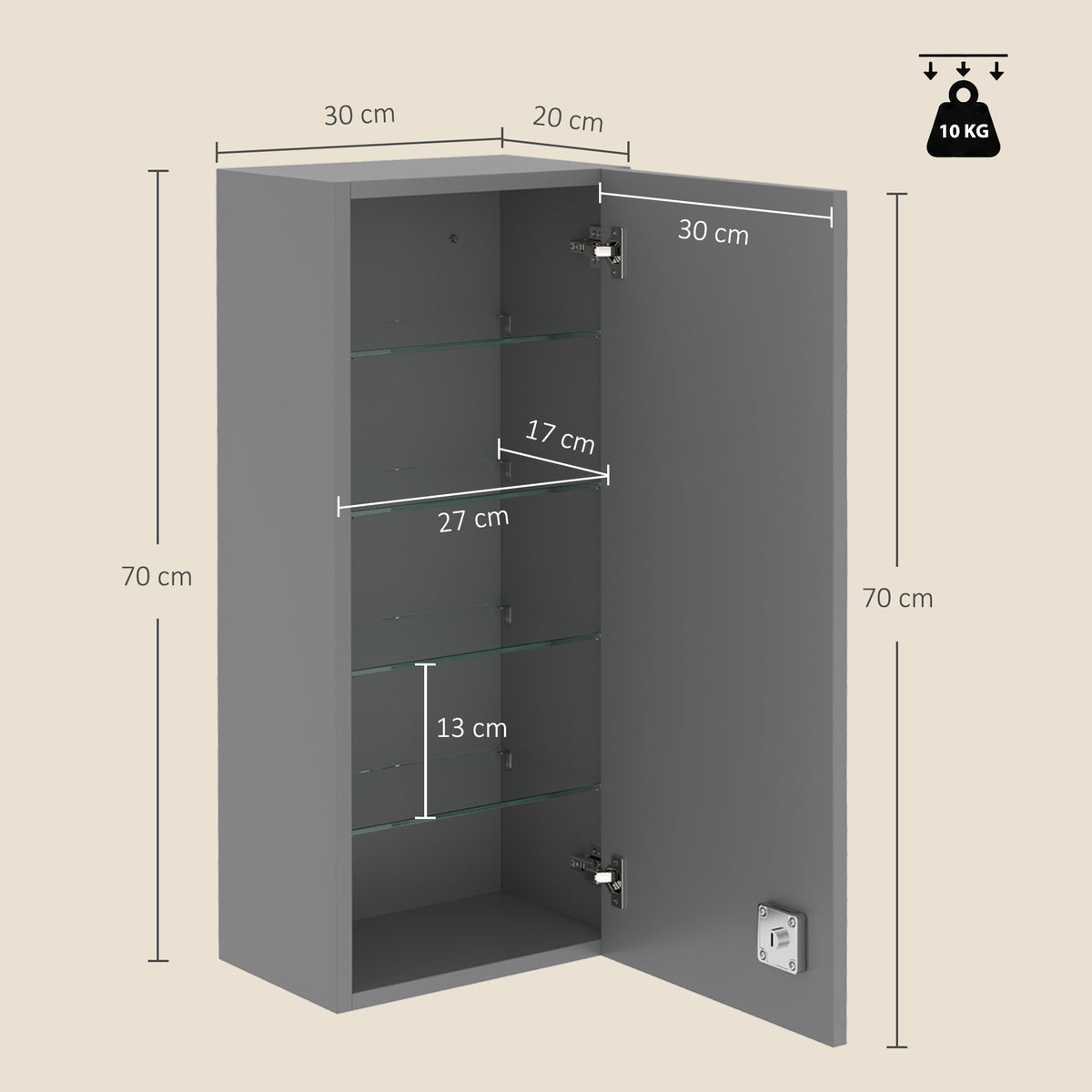 Armoire à pharmacie murale avec serrure, 5 étagères et tablettes réglables, bois et verre, gris, 30x20x70cm-2
