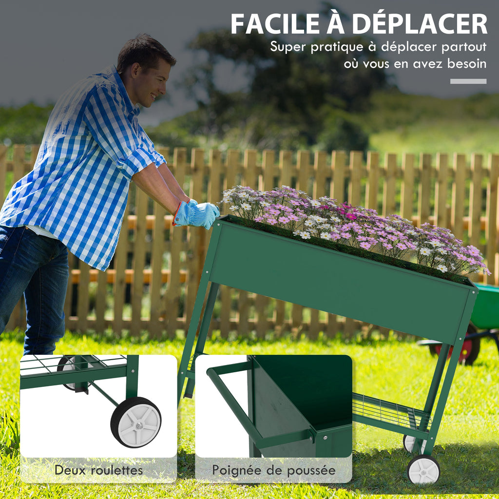 Jardinière sur Pieds Potager dim. 109L x 44l x 80H cm étagère 2 Roues + Insert d'irrigation métal Vert-3