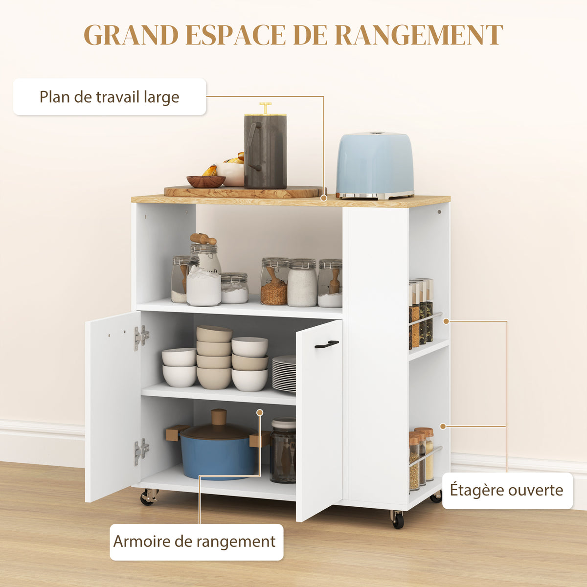 Desserte de cuisine à roulettes, Îlot central cuisine avec plan de travail et étagère réglable, 75x40x80,5cm, blanc-3
