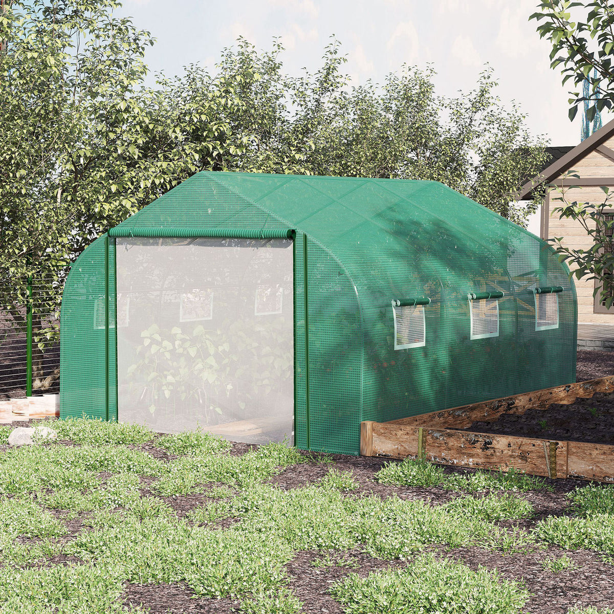 Serre Tunnel de Jardin Grande 3.5 x 3 x 2 m - 6 fenêtres et Porte zippée Enroulable - Acier galvanisé PE Haute densité Vert-9