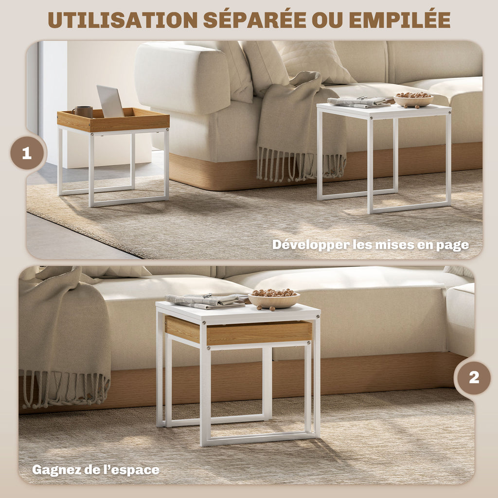 Lot de 2 tables basses gigognes carrées, tables gigognes de salon avec cadre en acier, style moderne, blanc-3