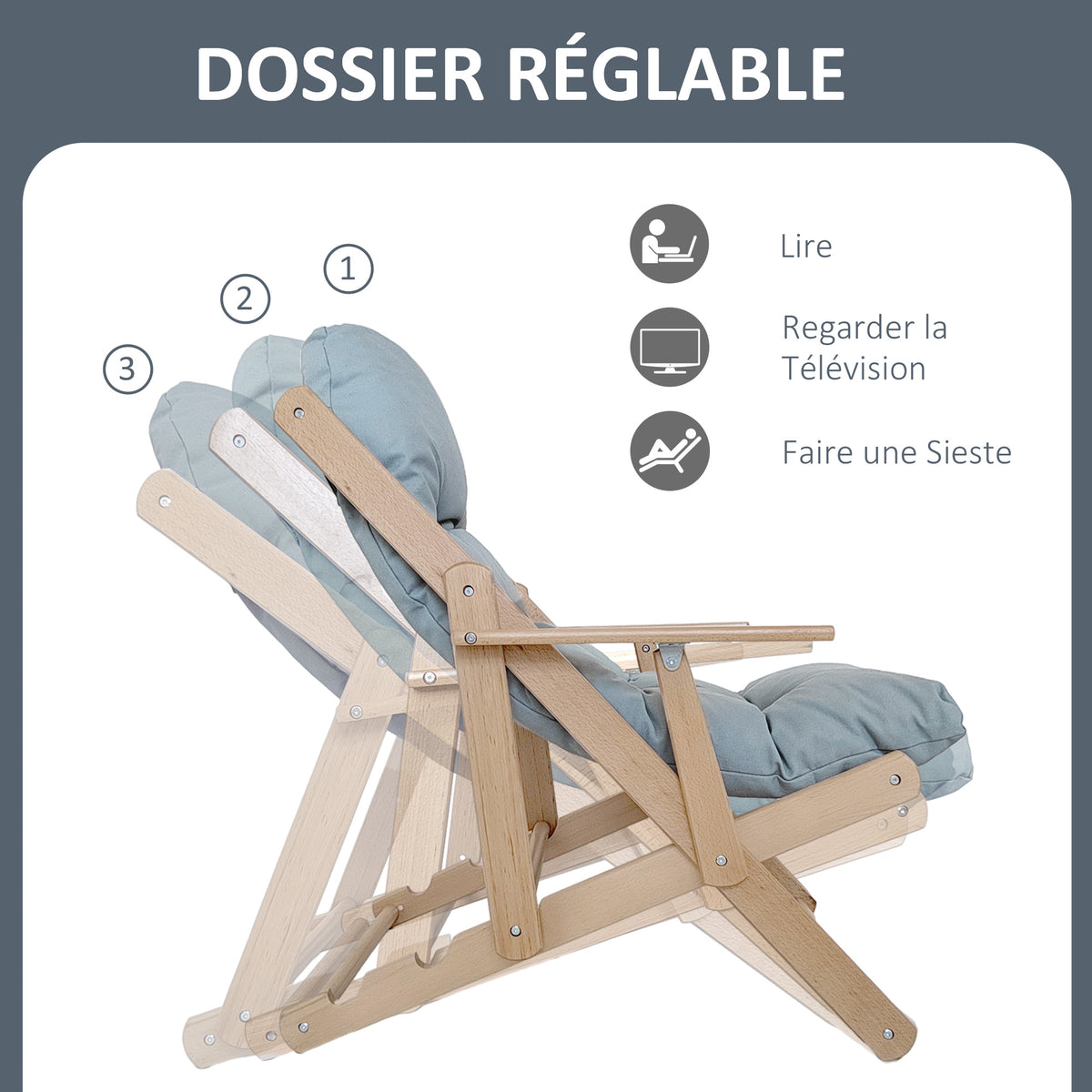 Fauteuil Chaise de Salon Pliable et inclinable en Bois Fauteuil Relax Confortable avec Coussin capitonné épais-3