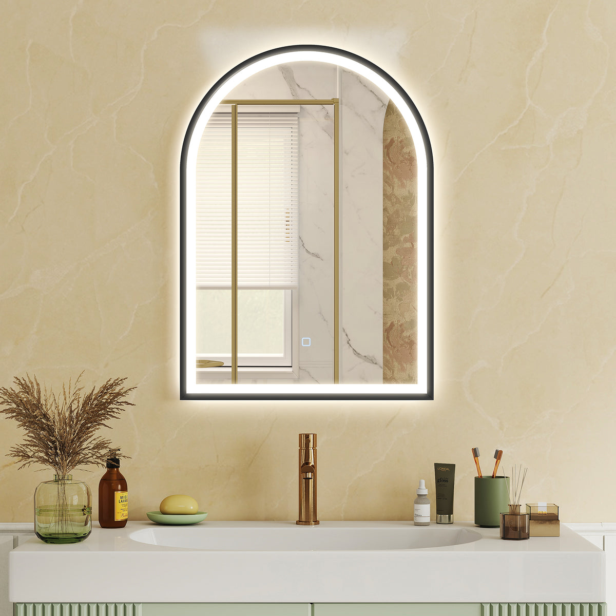 Miroir salle de bain avec éclairage 50 x 70 cm, miroir LED arqué, anti-buée, 3 couleurs lumière, dimmable, mémoire, noir-9