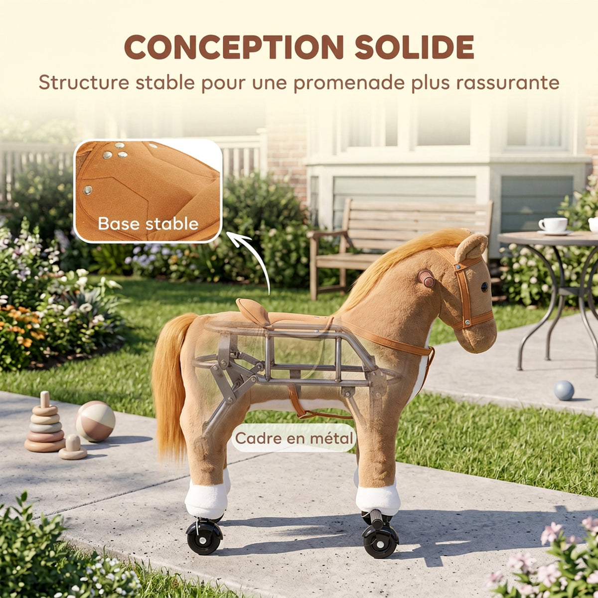 Cheval à Monter pour Enfant sur Roulettes en Peluche, Musique, Effet Sonore, Pédale, Poignée, 73x40x66cm, Marron-4