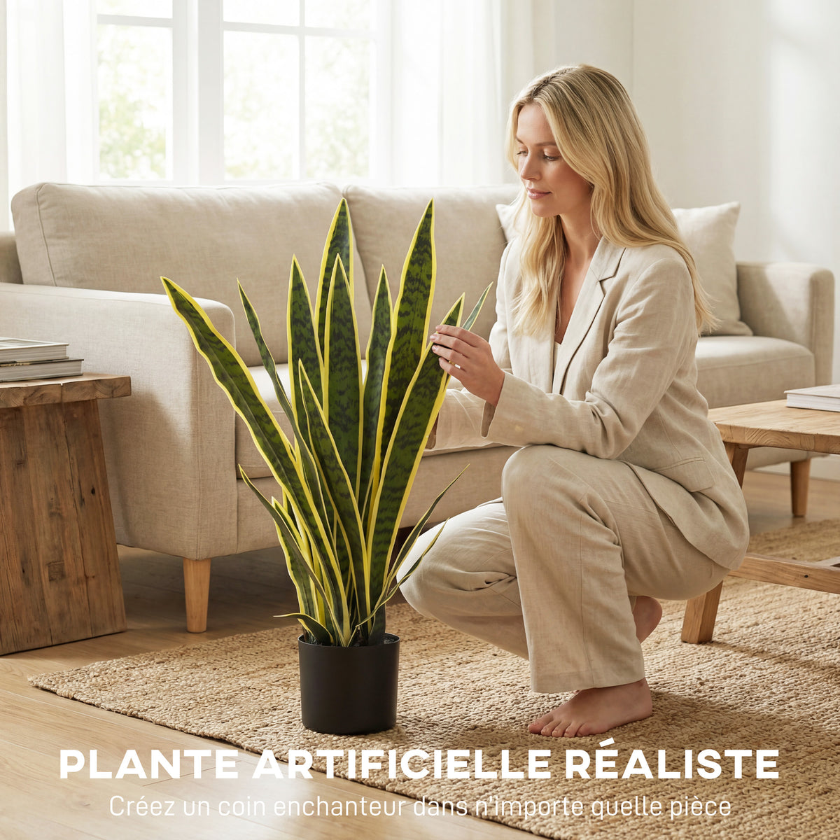 Plante Artificielle Sansevieria 77 cm avec 21 Feuilles Ajustables et Pot, Facile à Nettoyer, pour Bureau, Chambre, Vert-3