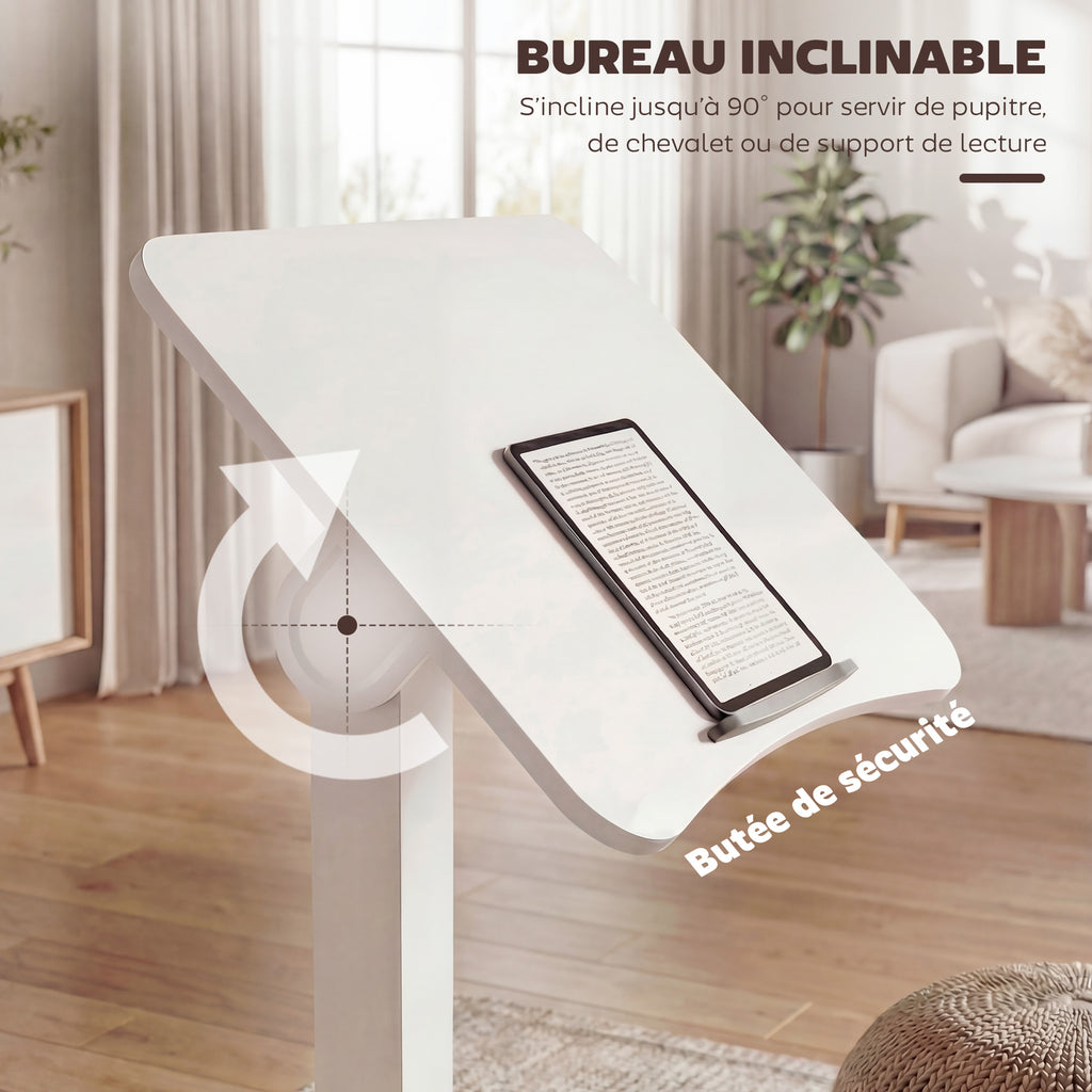 Bureau Debout Réglable en Hauteur, Plateau Inclinable, Roulettes et Cadre en Acier, 60,5 x 52 x 75-114 cm, Blanc-4