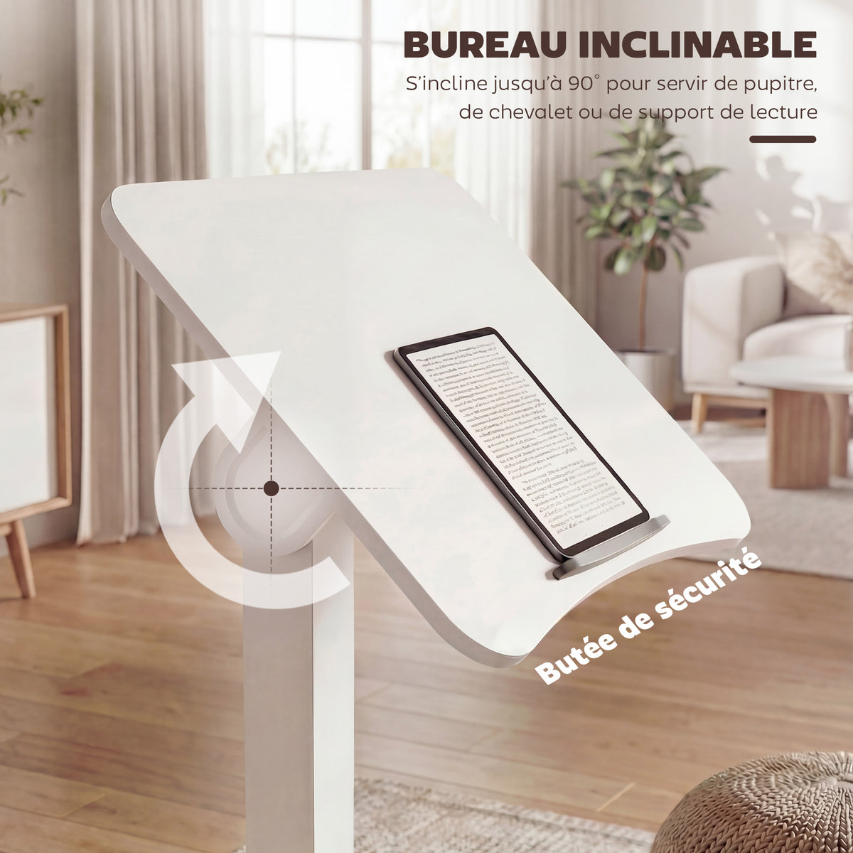 Bureau Debout Réglable en Hauteur, Plateau Inclinable, Roulettes et Cadre en Acier, 60,5 x 52 x 75-114 cm, Blanc-4