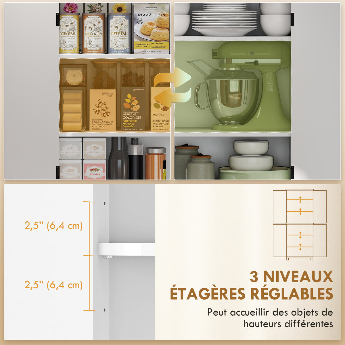 Buffet haut cuisine 6 niveaux, armoire de cuisine, 4 portes à chevrons et 4 étagères réglables, 76x40x178,5cm, blanc-4