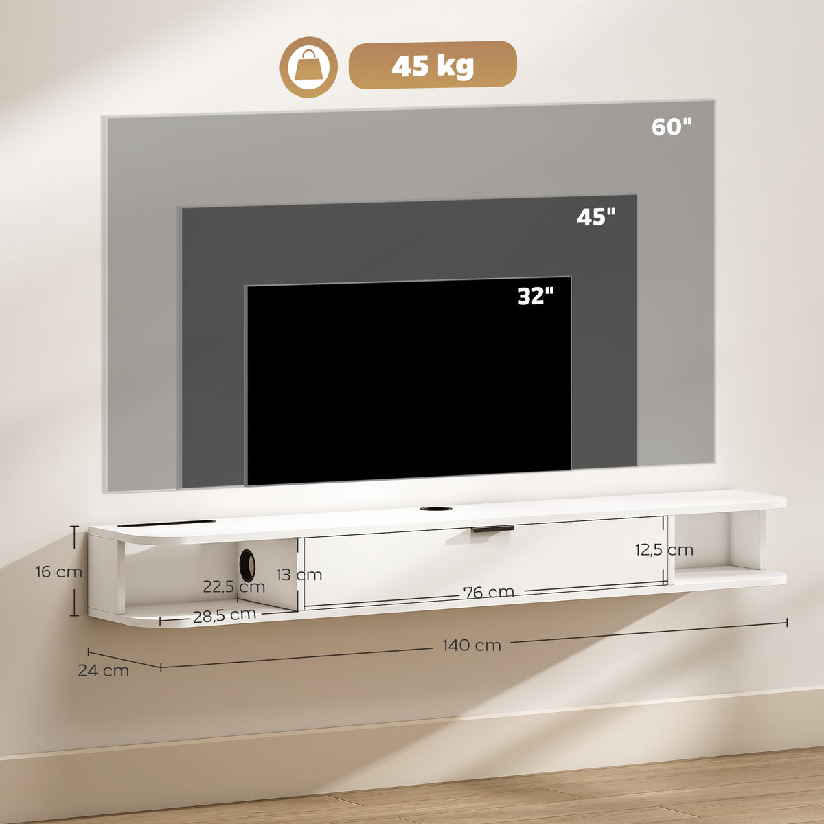 Meuble TV Suspendu, Meuble Télé pour Téléviseur jusqu'à 60 Pouces, Tiroir Rabattable, 2 Étagères, 140x24x16cm, Blanc-2