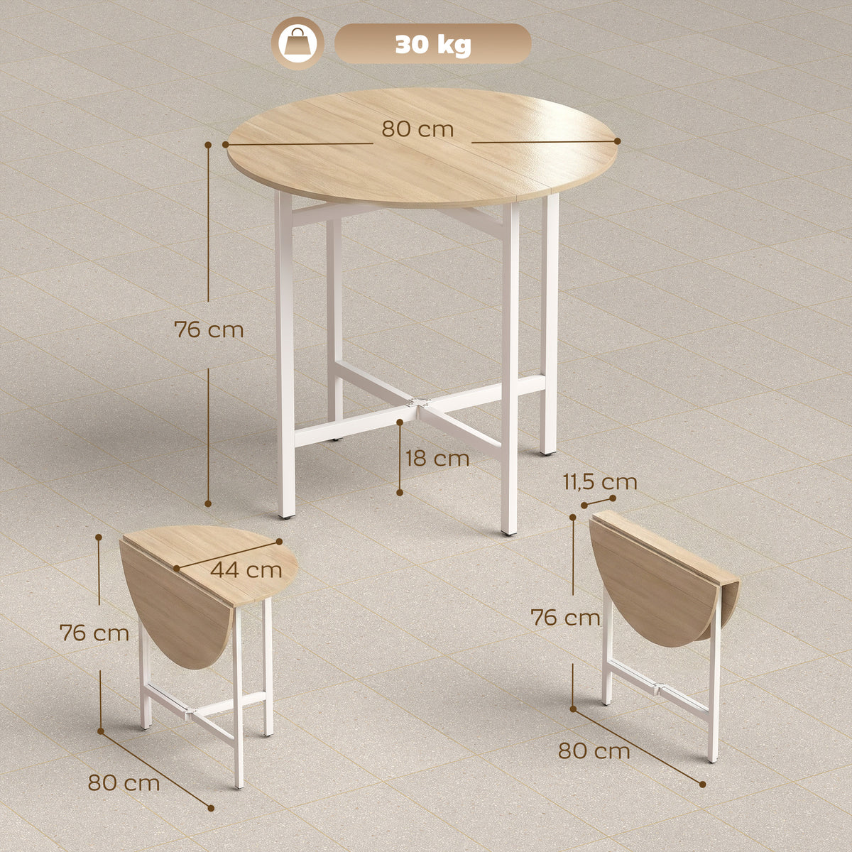 Table à manger pliante, table de cuisine ronde Ø 80 cm pour 4 personnes avec 2 abattants, pieds en acier, bois naturel-2