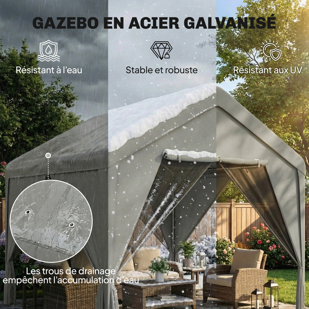 Tonnelle de jardin pavillon de jardin hydrofuge structure robuste en acier galvanisé avec toit double pente 3x3m gris-3