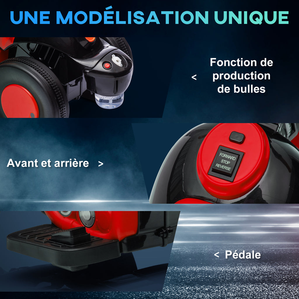 Moto électrique enfants 2-5 ans, 3 roues, 6 V, 3 km/h, avec fonction de bulles, effets lumineux et sonores, rouge-5