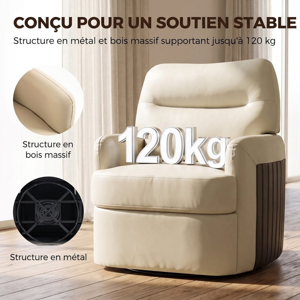 Fauteuil de Salon Pivotant à 360°, Fauteuil Lounge en PU avec Assise Large, Accoudoirs Incurvés, Crème-6
