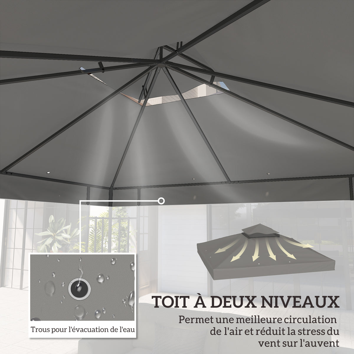Toile pour tonnelle 3 x 3 m toile de rechange pour tonnelle à 2 niveaux protection UPF30+ trous de drainage gris-3