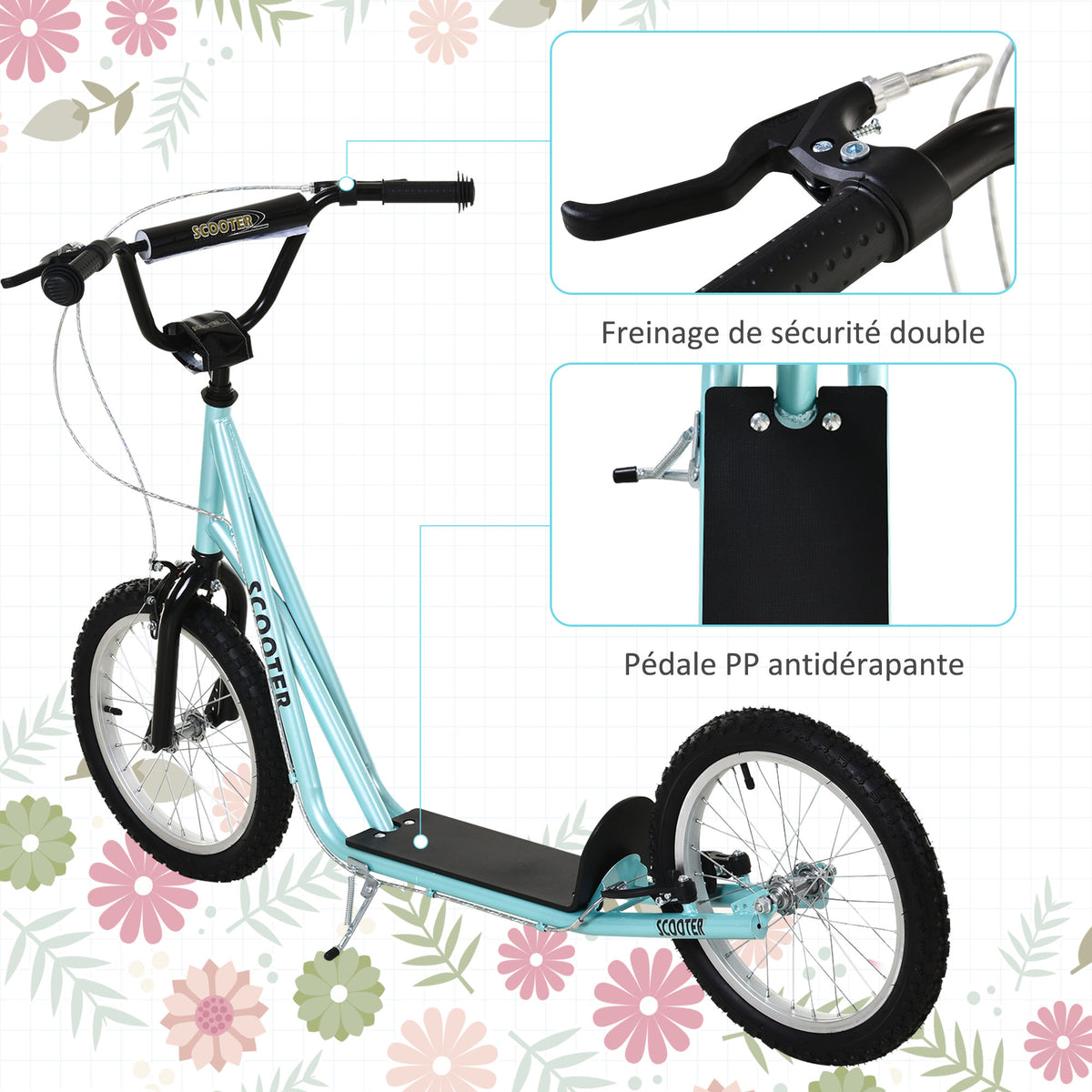 Trottinette patinette pour Enfants à partir de 5 Ans Grands pneus en Caoutchouc Guidon réglable poignée Frein et béquille Acier Charge max. 100 Kg Bleu-6