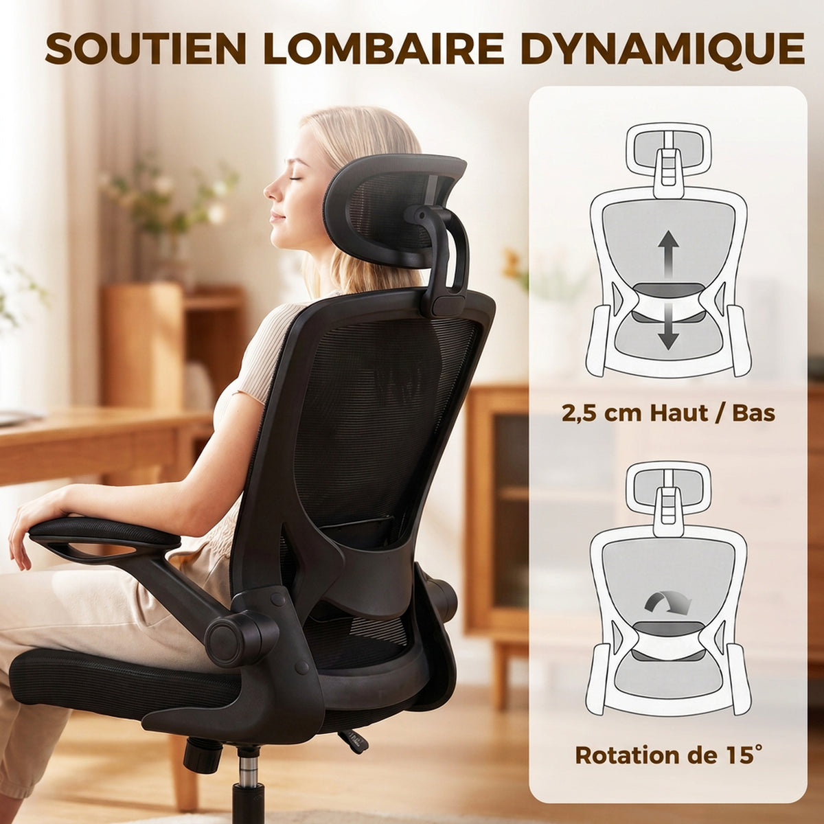 Chaise Bureau Ergonomique, Fauteuil de Bureau en Maille avec Soutien Lombaire et Appui-Tête Réglables, 64x65x129cm, Noir-3