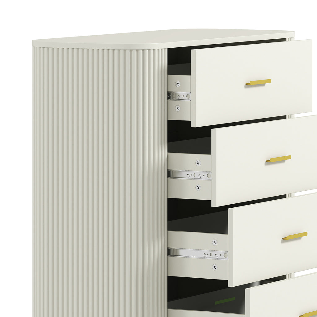 Commode 5 Tiroirs, Meuble de Rangement avec Façades Rainurées et Pieds en Métal, Style Moderne, 90x44x120cm, Gris Clair-9