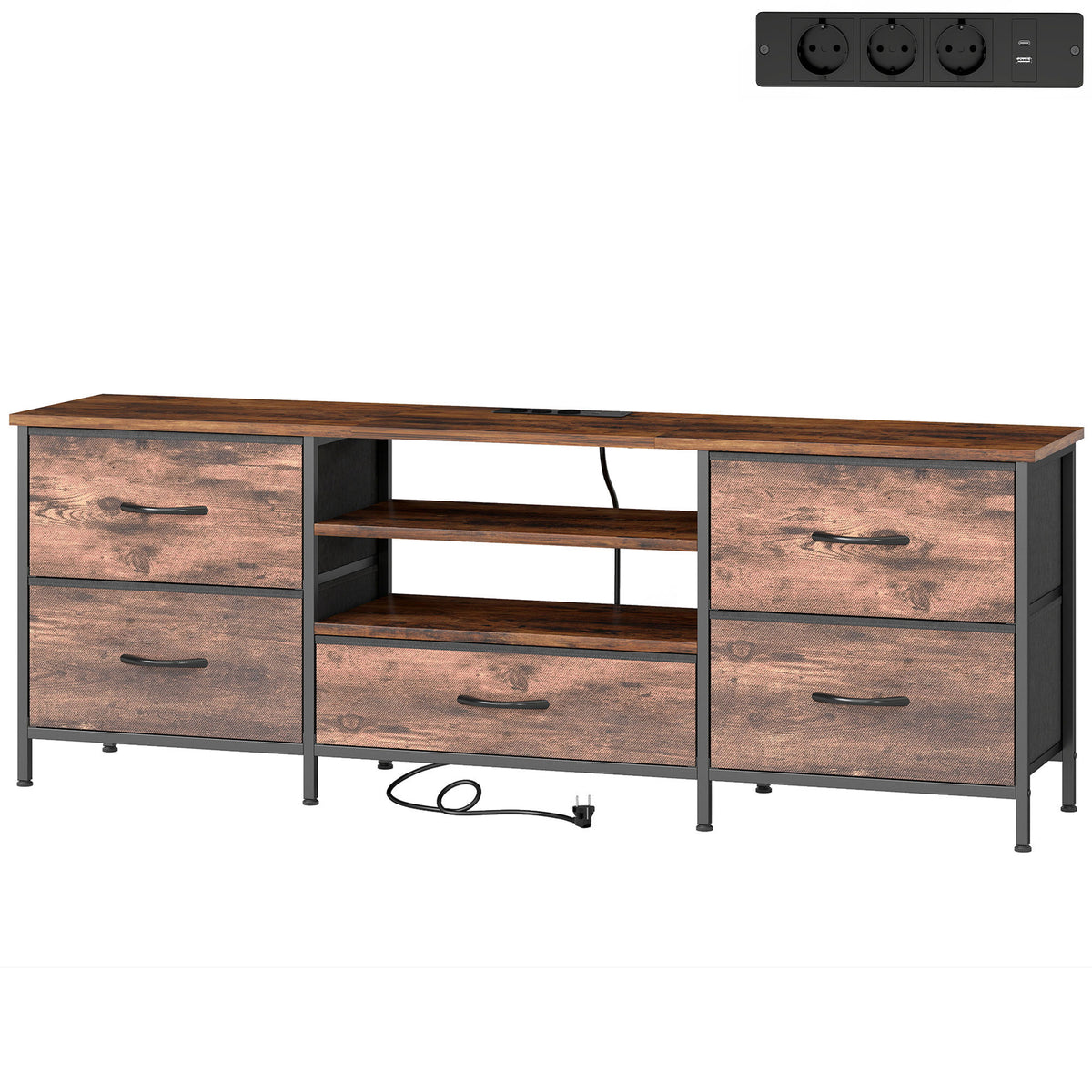 Meuble TV 140 cm, Meuble Télé 65 Pouces, Station de Charge, 5 Tiroirs en Tissu, Étagères Ouvertes, Brun Rustique-0