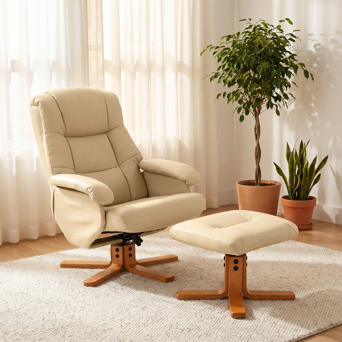 Fauteuil relax avec repose-pied fauteuil de relaxation pivotant 360° dossier inclinable charge 120 Kg beige-1